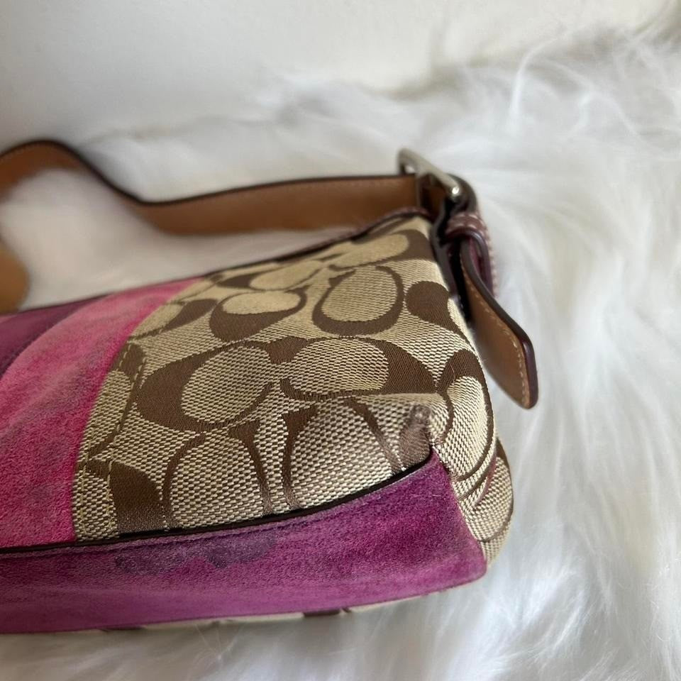 Coach Signature Stripe Demi Brown Pink Suede Canvas Baguette Bag Good