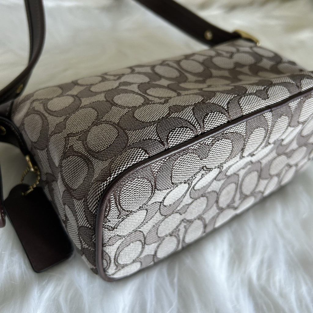 Coach Demi Bag Khaki Brown Signature Jacquard Leather Shoulder Bag Excellent