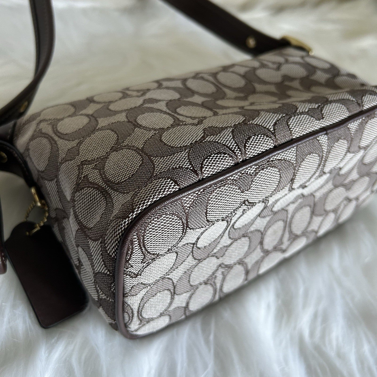 Coach Demi Bag Khaki Brown Signature Jacquard Leather Shoulder Bag Excellent