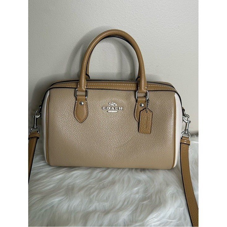 Coach Rowan Satchel Taupe Chalk White Pebbled Leather Bag Excellent