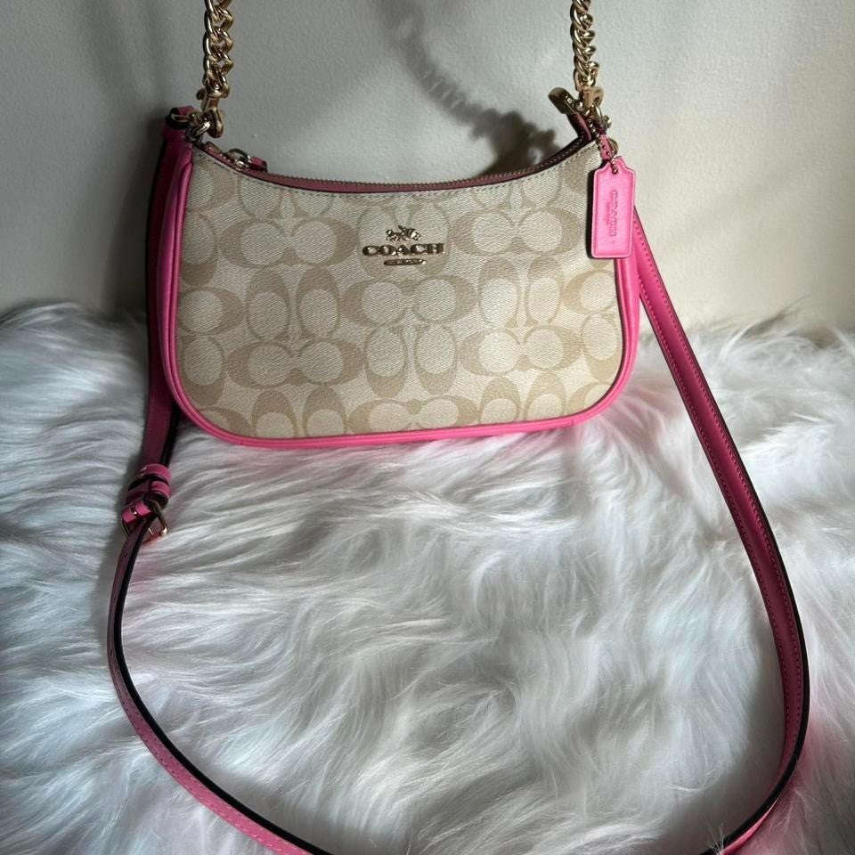 Coach Teri Khaki Electric Pink Signature Canvas Shoulder Bag Excellent