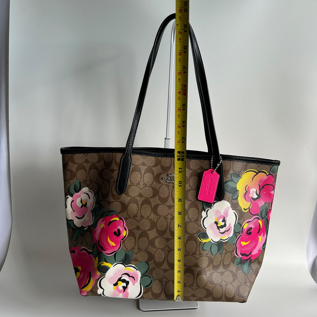 Coach City Tote Brown Vintage Rose Signature Canvas Leather Bag Good