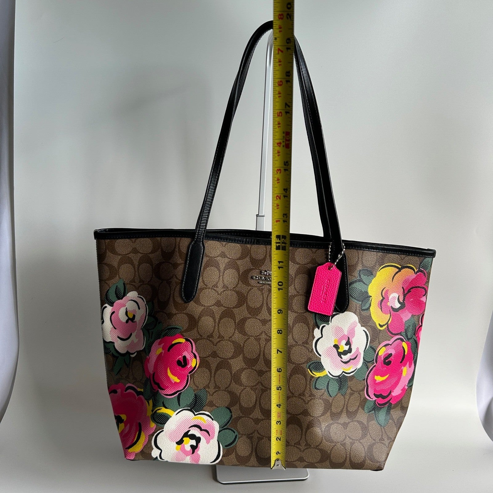 Coach City Tote Brown Vintage Rose Signature Canvas Leather Bag Good
