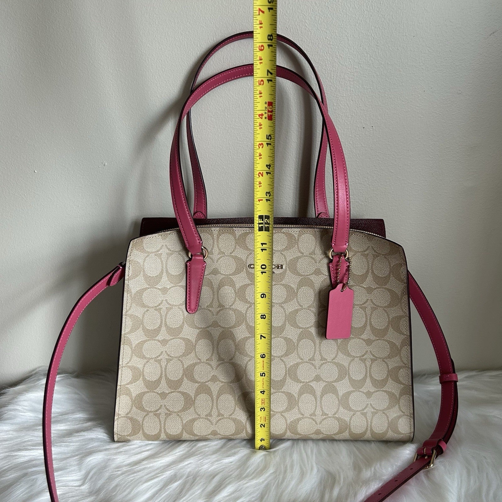 Coach Tatum Carryall 28 Khaki Pink Signature Canvas Leather Bag Excellent