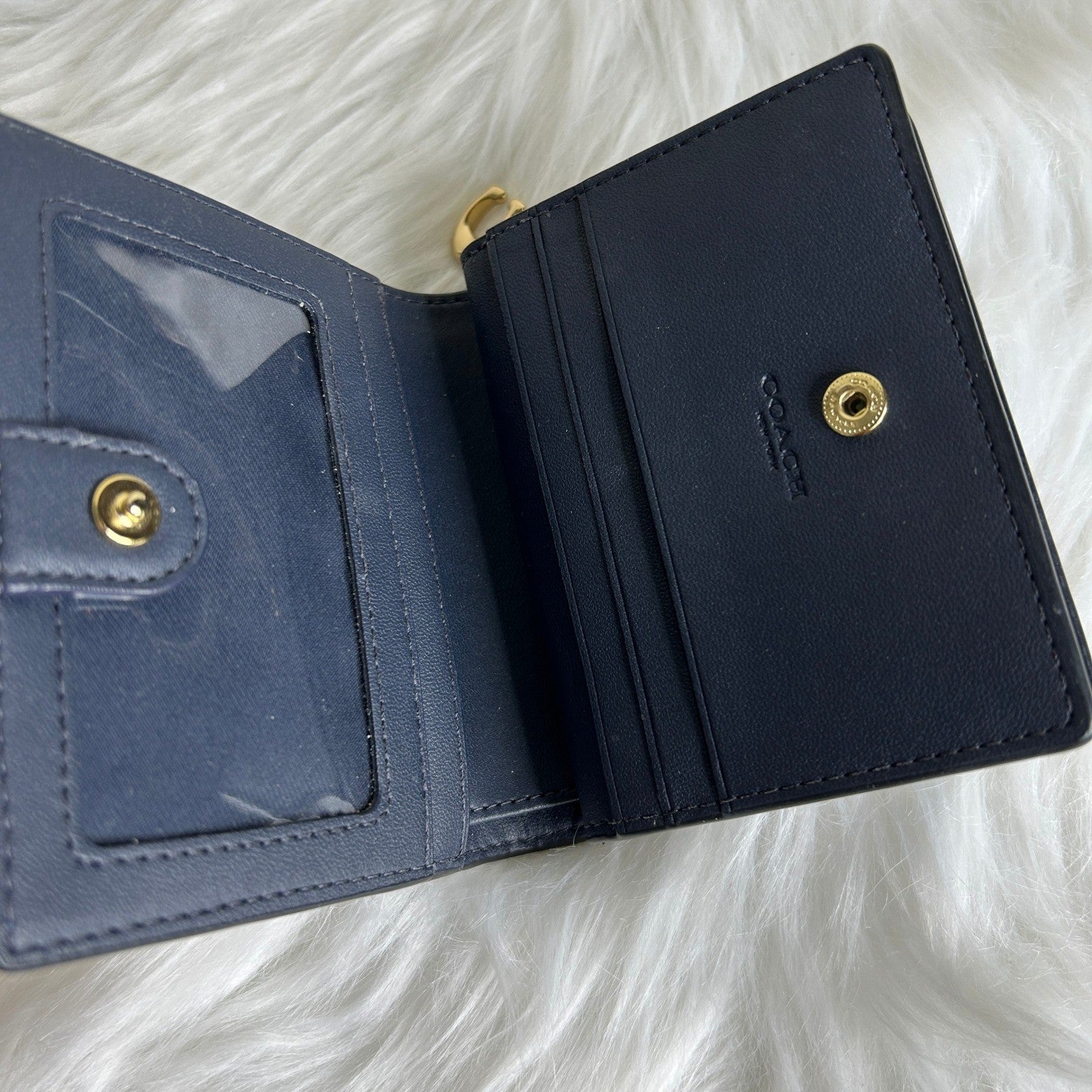 Coach Snap Wallet Midnight Denim Signature Canvas Leather C3321 Excellent