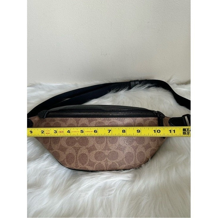 Coach Warren Belt Bag Signature Canvas Black Pebble Leather Brown C7703
