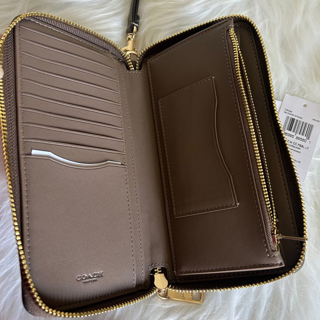 Coach Long Zip Around Wallet Dark Stone Pebbled Leather Wristlet NEW CBZ98