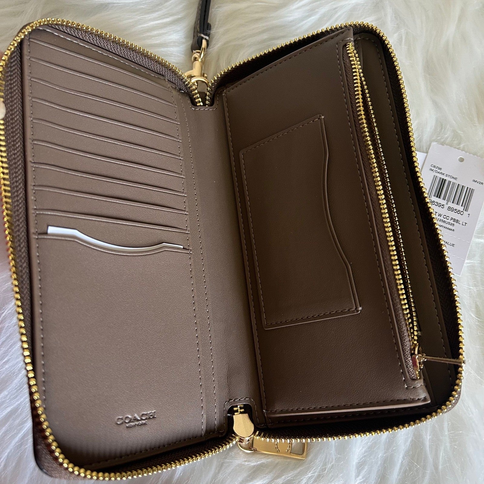 Coach Long Zip Around Wallet Dark Stone Pebbled Leather Wristlet NEW CBZ98