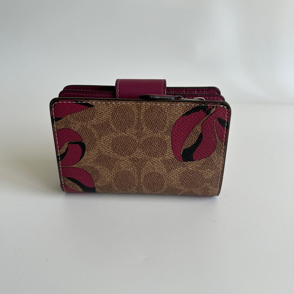 Coach Medium Corner Zip Wallet Khaki Fuchsia Floral Canvas Leather Excellent