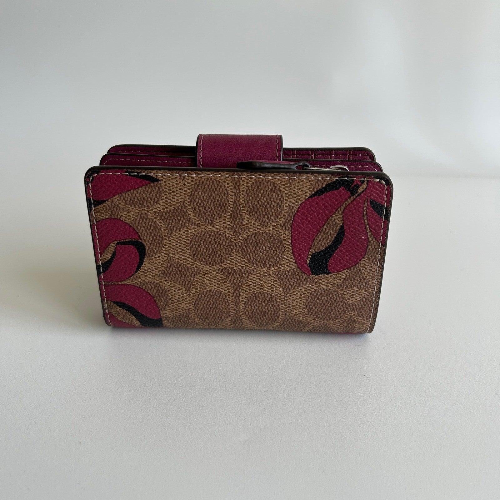 Coach Medium Corner Zip Wallet Khaki Fuchsia Floral Canvas Leather Excellent