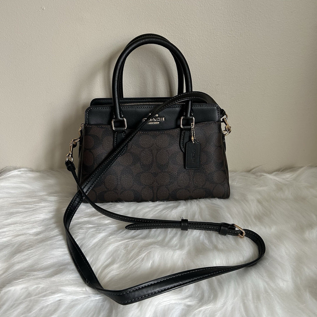 Coach Mini Darcie Carryall Brown Black Signature Canvas Leather Excellent