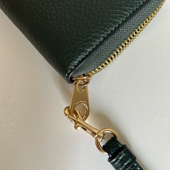 Coach Long Zip Around Wallet Dark Green Pebbled Leather Wristlet C4451