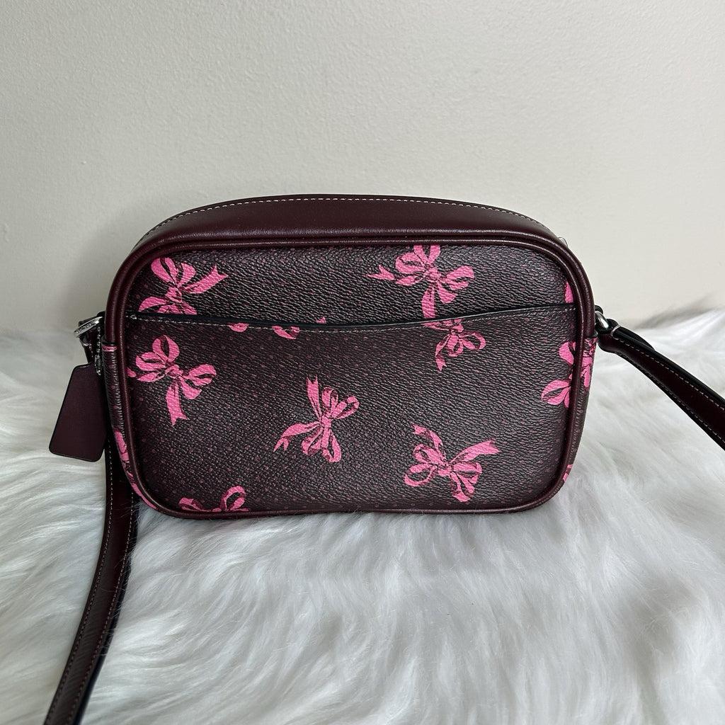 Coach Jamie Camera Bag Brown Pink Bow Coated Canvas Crossbody Excellent
