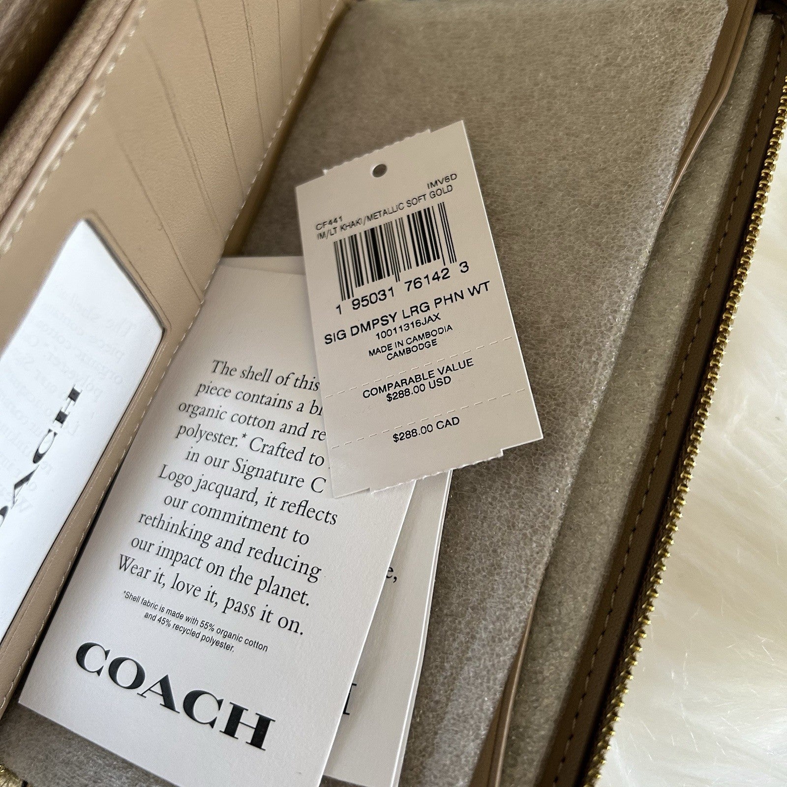 Coach Dempsey Large Phone Wallet Khaki Pink Metallic Gold Jacquard New