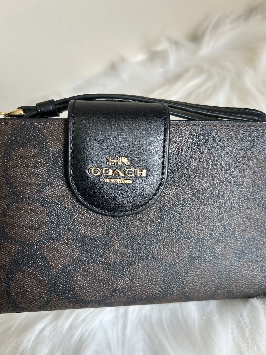 Coach Phone Wallet Brown Black Signature Canvas Wristlet Excellent