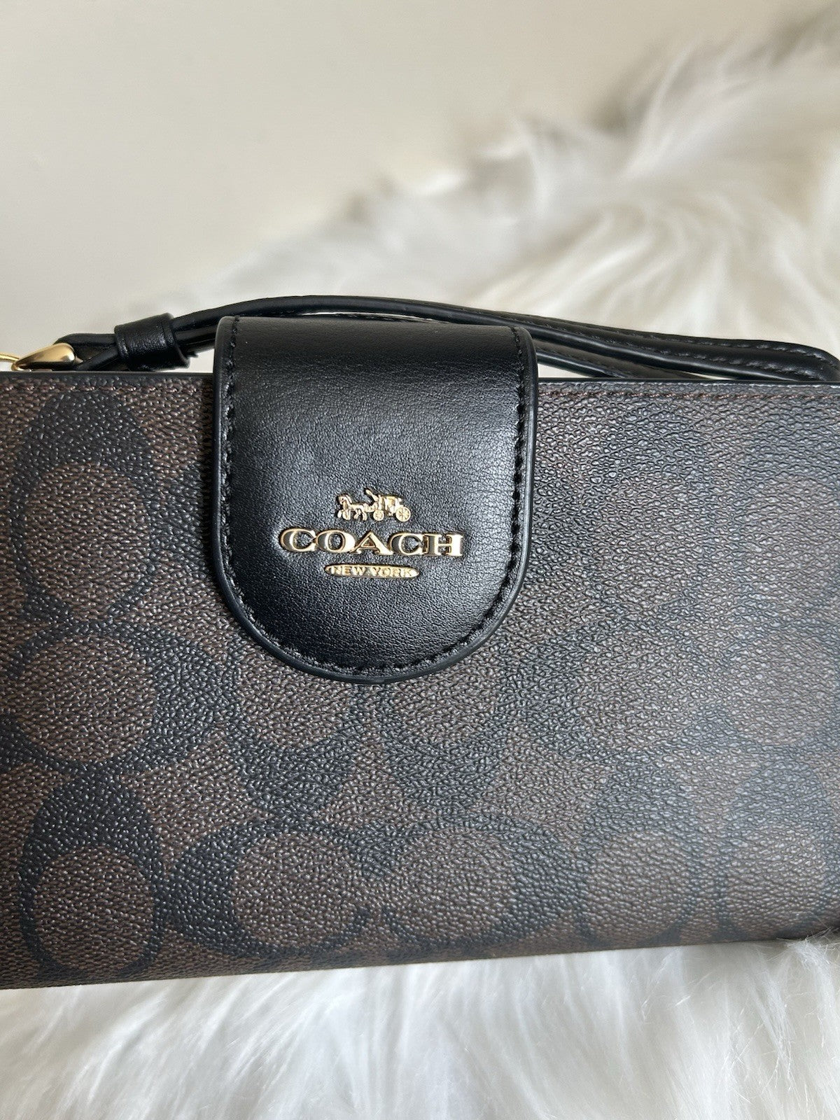 Coach Phone Wallet Brown Black Signature Canvas Wristlet Excellent