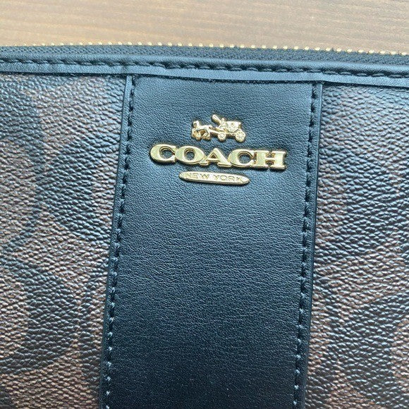 COACH Signature Canvas Accordion Zip Around Wallet Brown Black 54630