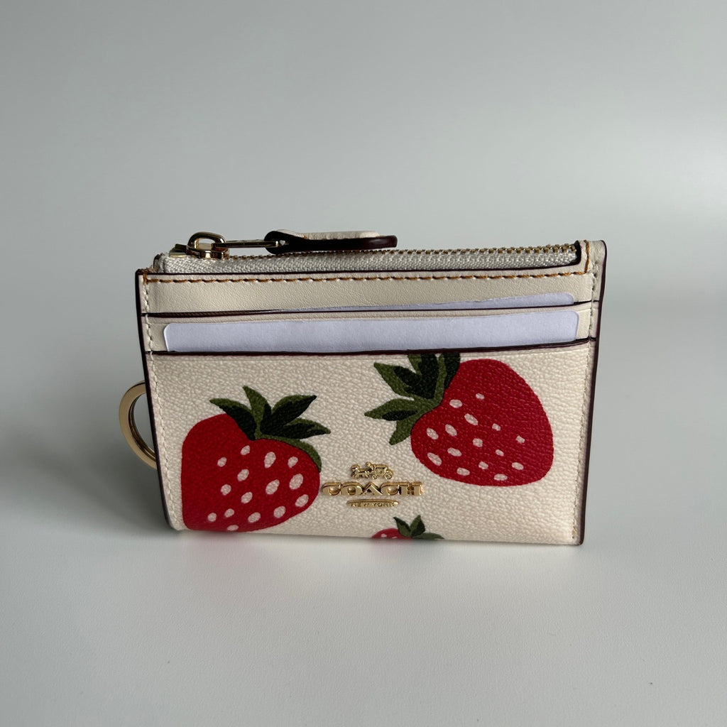 Coach Mini Skinny ID Case Chalk Strawberry Print Leather Wallet Excellent