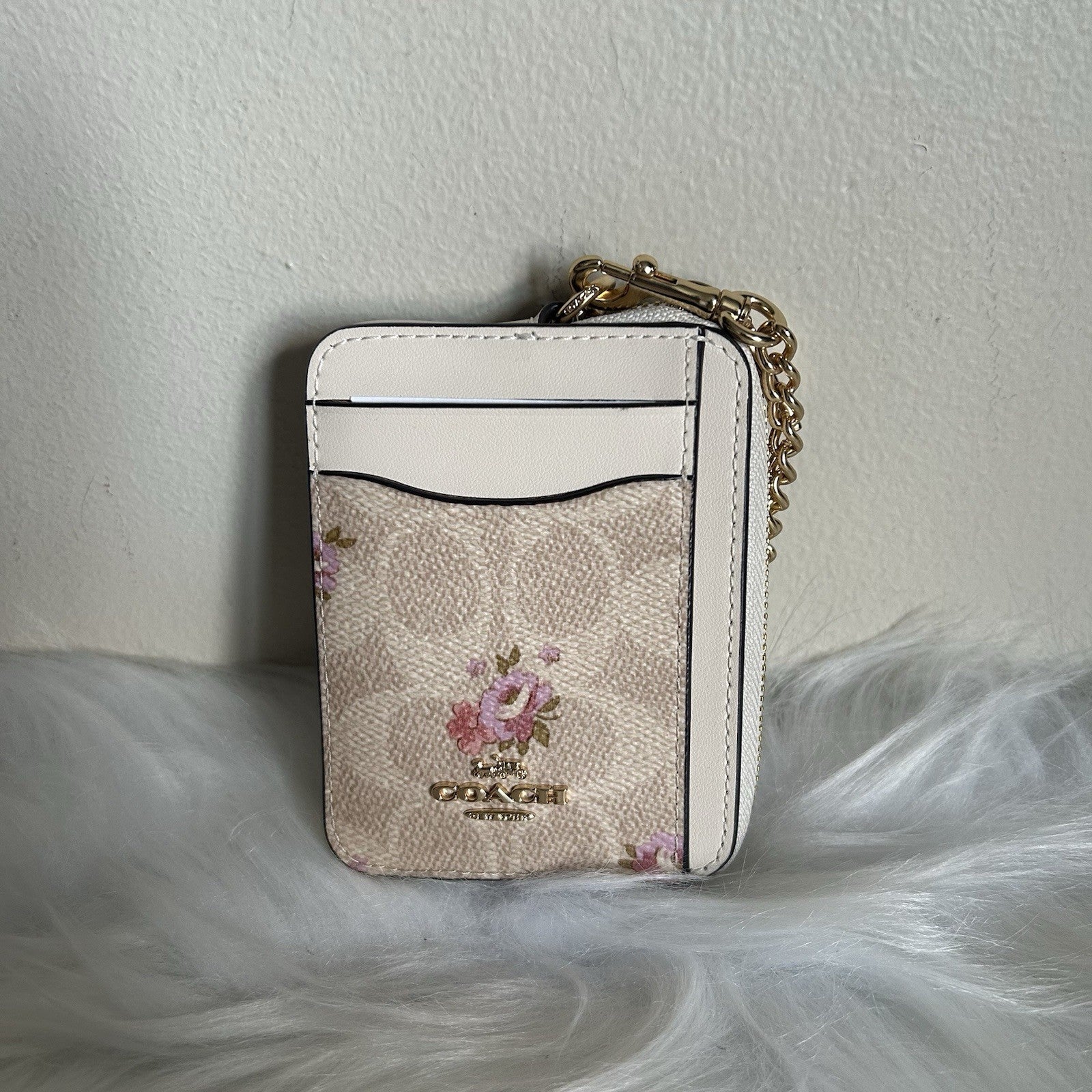 Coach Zip Card Case Signature Canvas Floral Print Chalk White Gold Hardware
