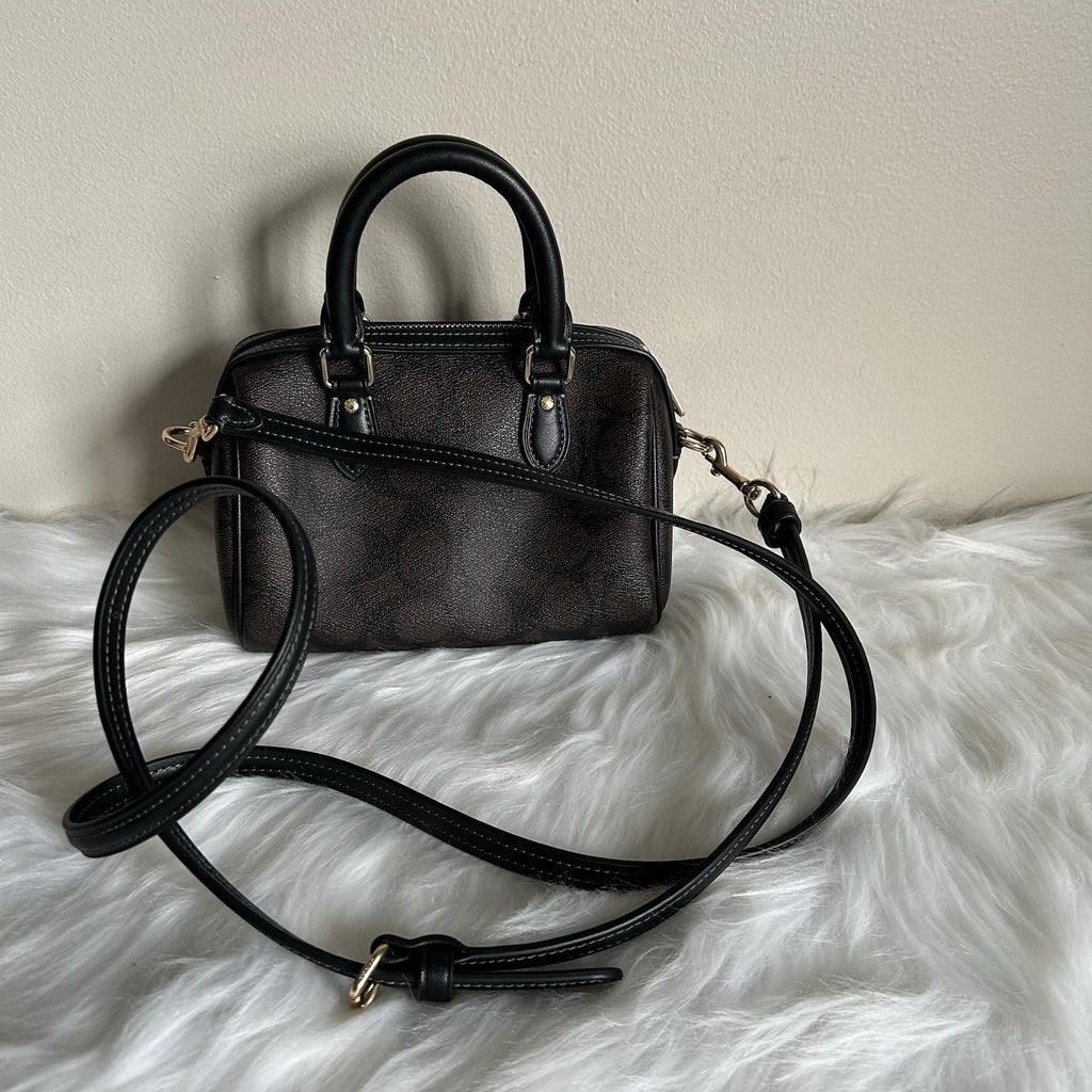 Coach Mini Rowan Brown Black Signature Canvas Leather Satchel Bag Excellent