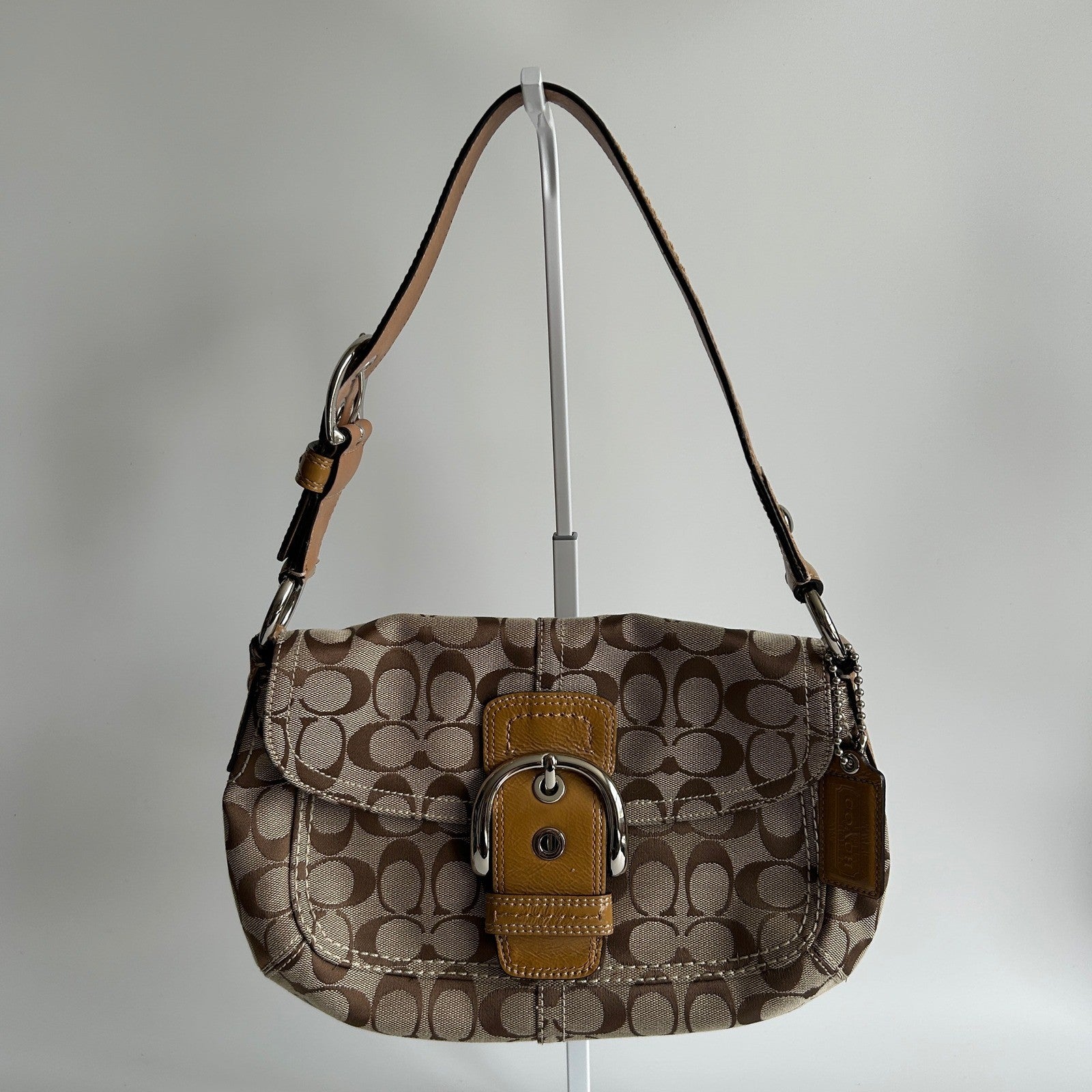 Coach Soho Signature Khaki Brown Canvas Leather Shoulder Bag Excellent
