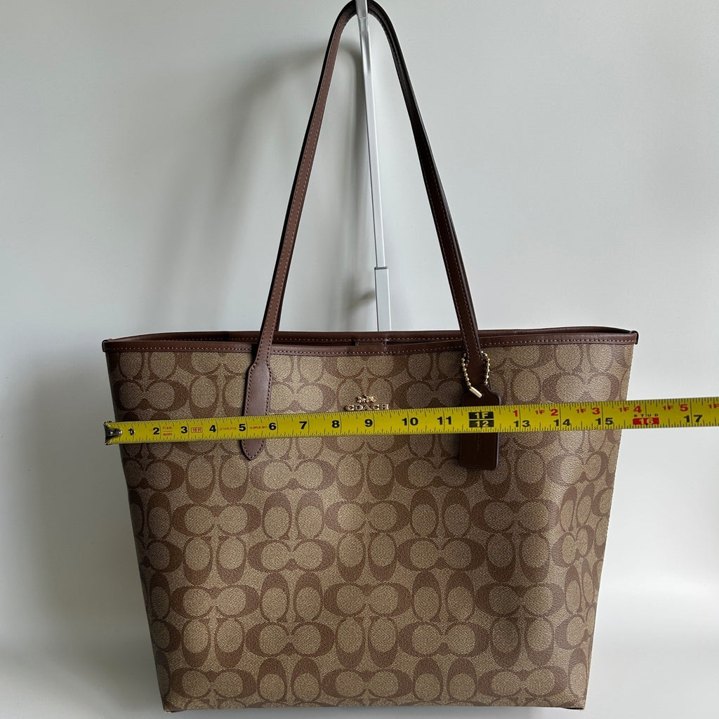 Coach City Tote Brown Signature Coated Canvas Leather Bag C2496 Good
