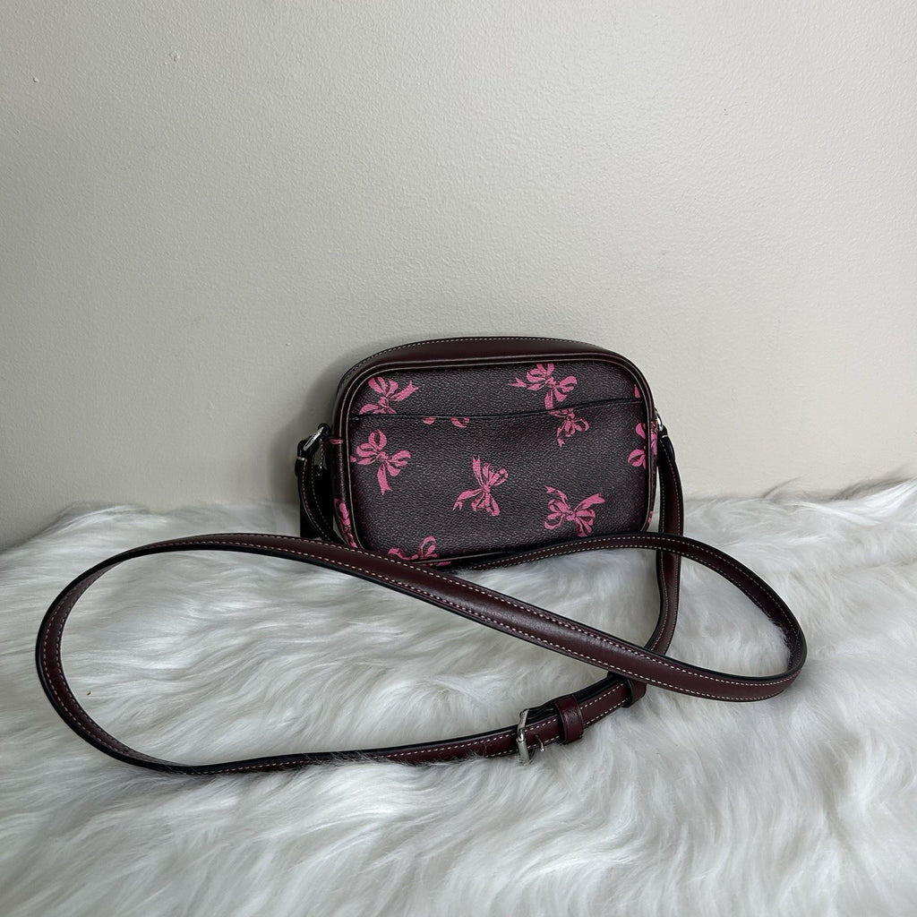 Coach Jamie Camera Bag Brown Pink Bow Coated Canvas Crossbody Excellent