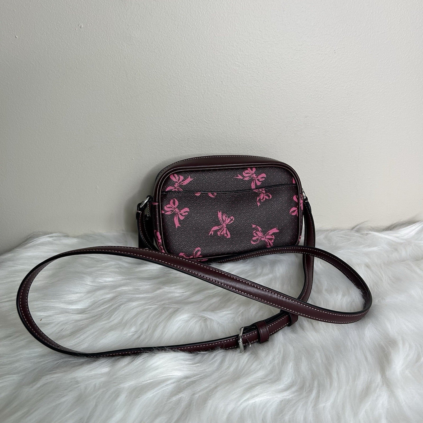 Coach Jamie Camera Bag Brown Pink Bow Coated Canvas Crossbody Excellent