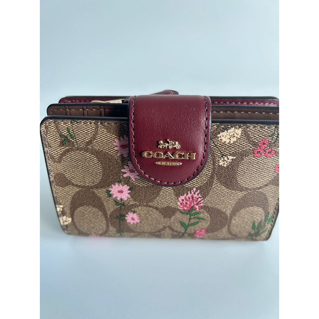 Coach Medium Corner Zip Wallet Brown Floral Signature Canvas Berry Leather EX