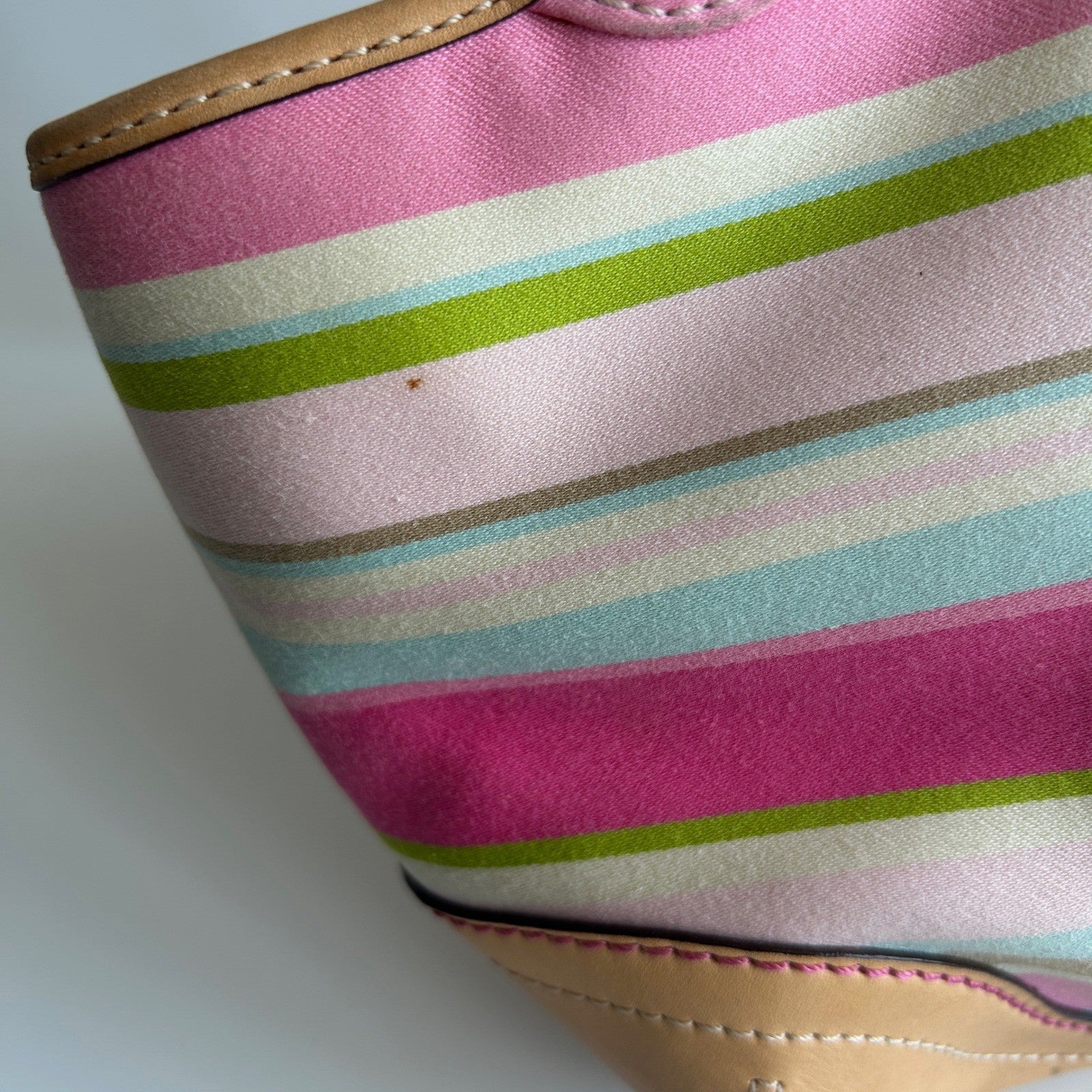 Coach Hampton Stripe Pink Canvas Leather Satchel Bag M053-1888 Fair