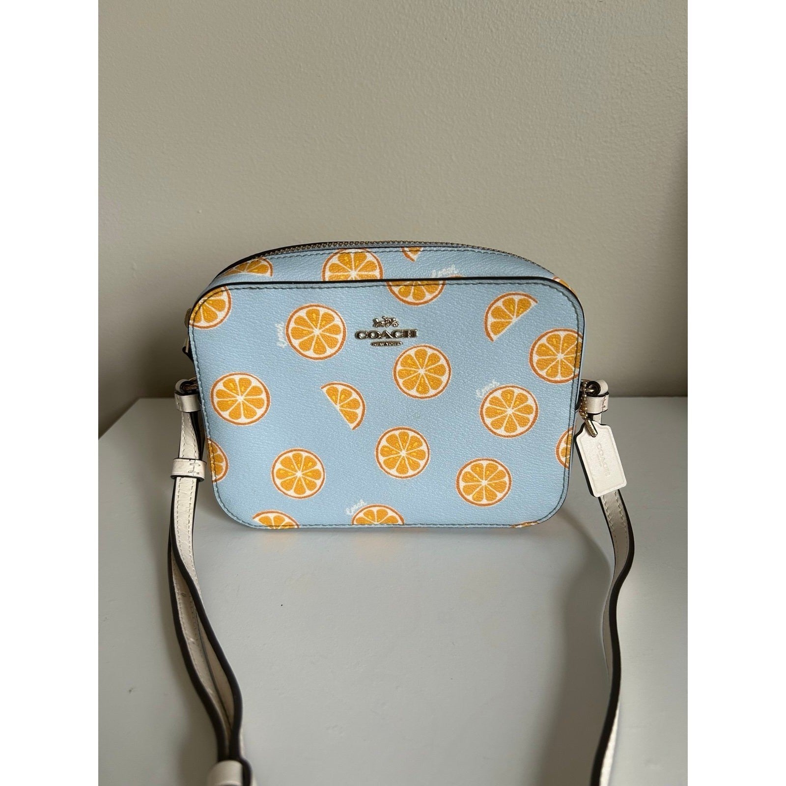 Coach Mini Jamie Camera Bag Light Blue Orange Fruit Print Crossbody C8719