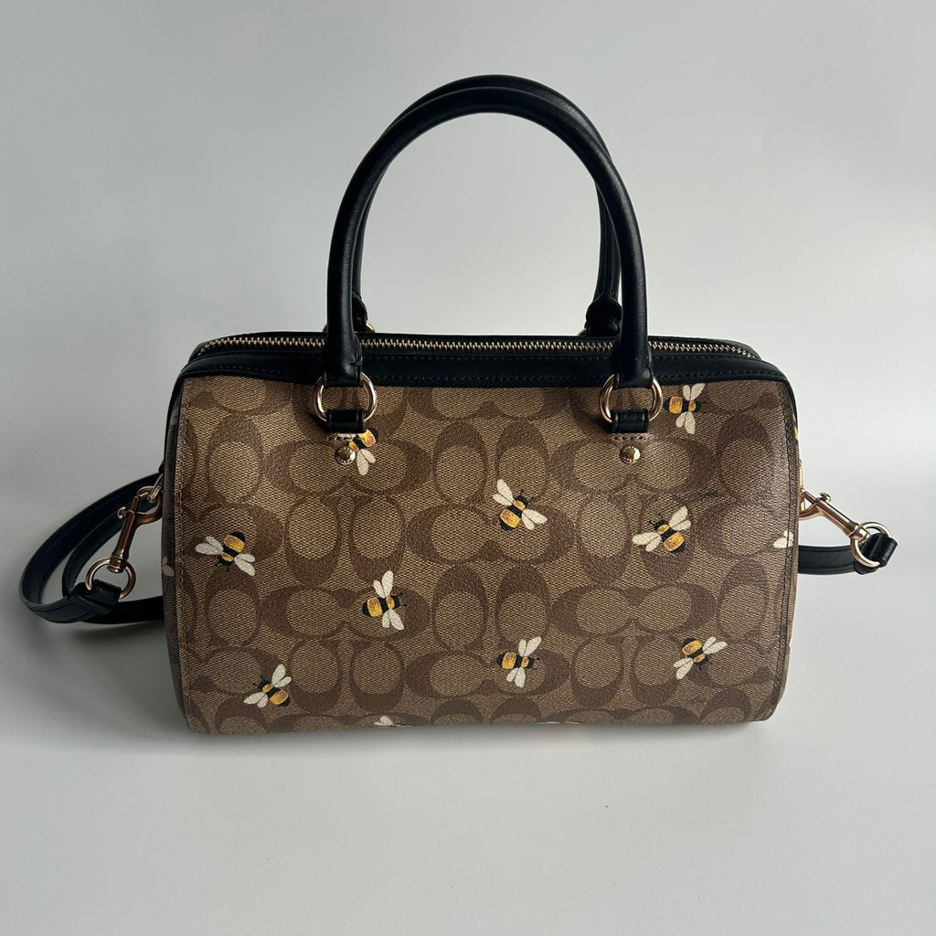 Coach Rowan Satchel Brown Bee Print Signature Canvas Satchel Excellent