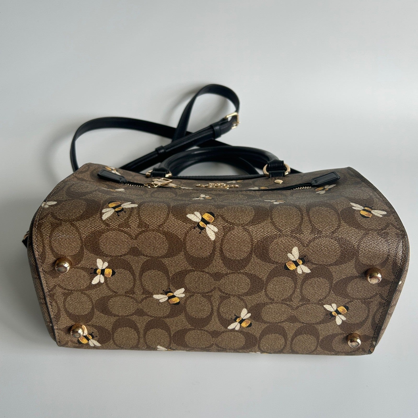 Coach Rowan Satchel Brown Bee Print Signature Canvas Satchel Excellent
