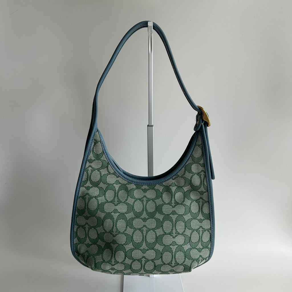 Coach Ergo C2588 Green Blue Signature Jacquard Leather Shoulder Bag Excellent