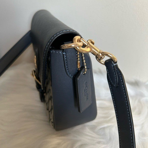 Coach Amelia Saddle Bag Navy Signature Canvas Leather Crossbody C3593 Excellent