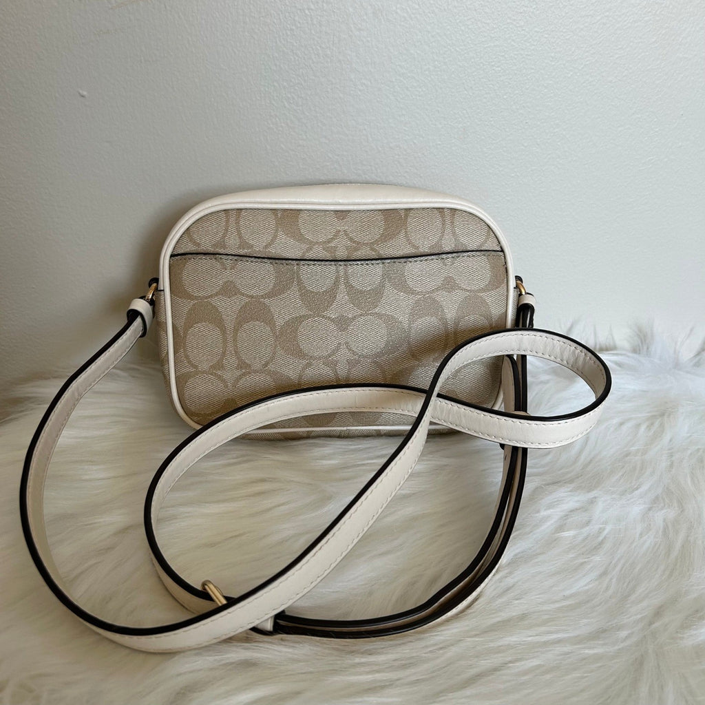Coach Mini Jamie Light Khaki Chalk Signature Canvas Camera Bag Good