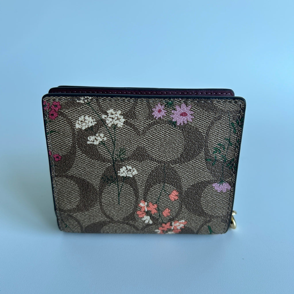 Coach Snap Wallet Brown Wildflower Signature Canvas Leather Bifold Excellent