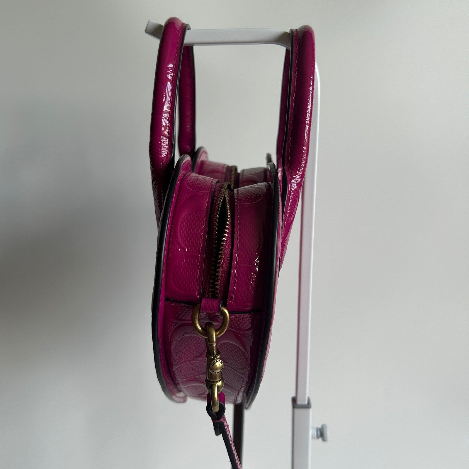 Coach Heart Bag Pink Signature Patent Leather Crossbody CN600 Excellent