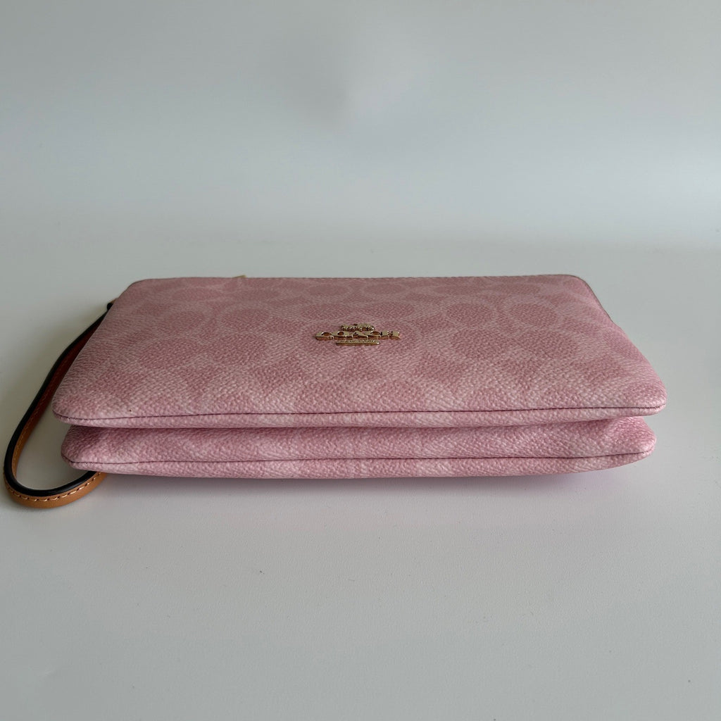 Coach CEF61 Powder Pink Signature Coated Canvas Double Zip Wristlet NEW