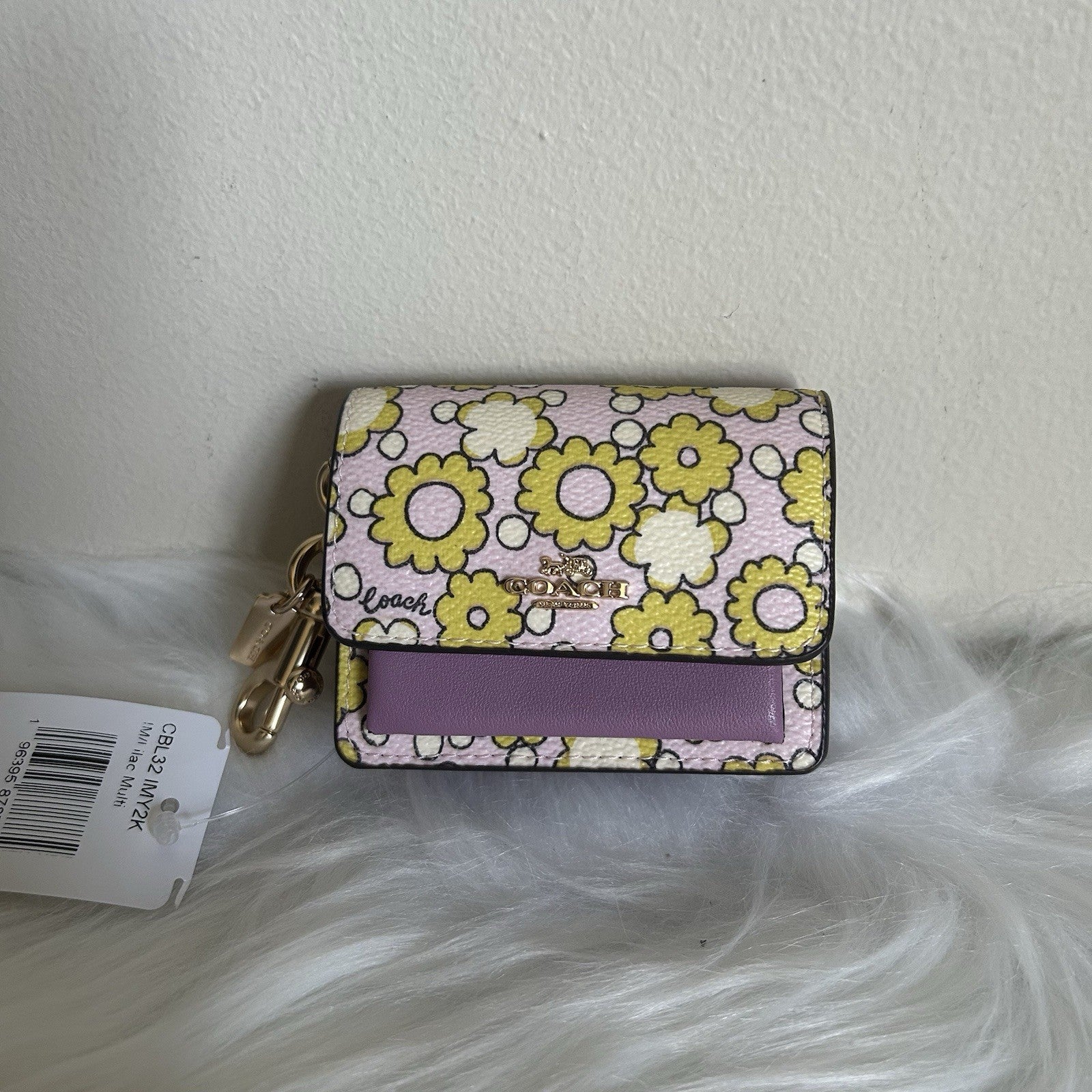 Coach Micro Wallet Lilac Multi Floral Print Leather Keychain CB132 NEW