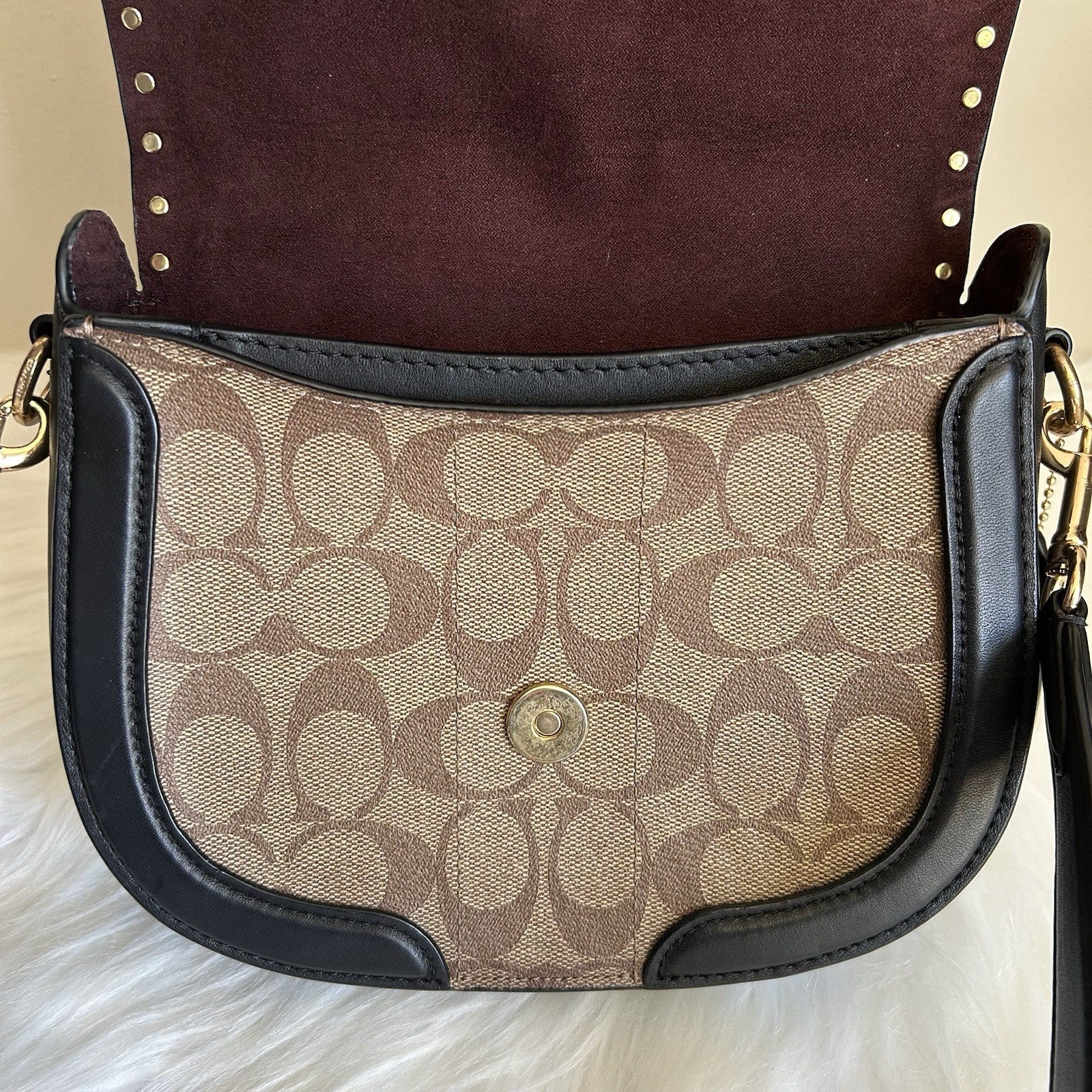 Coach Georgie Saddle Bag Brown Black Signature Canvas Leather Excellent