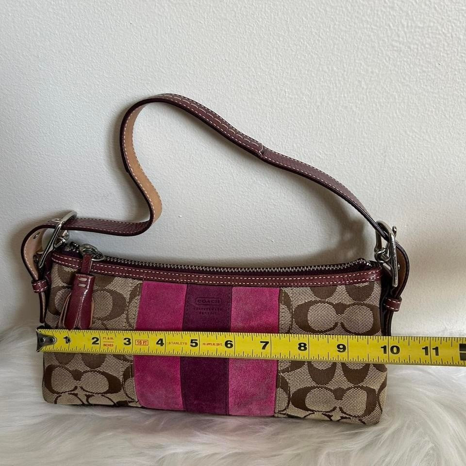 Coach Signature Stripe Demi Brown Pink Suede Canvas Baguette Bag Good