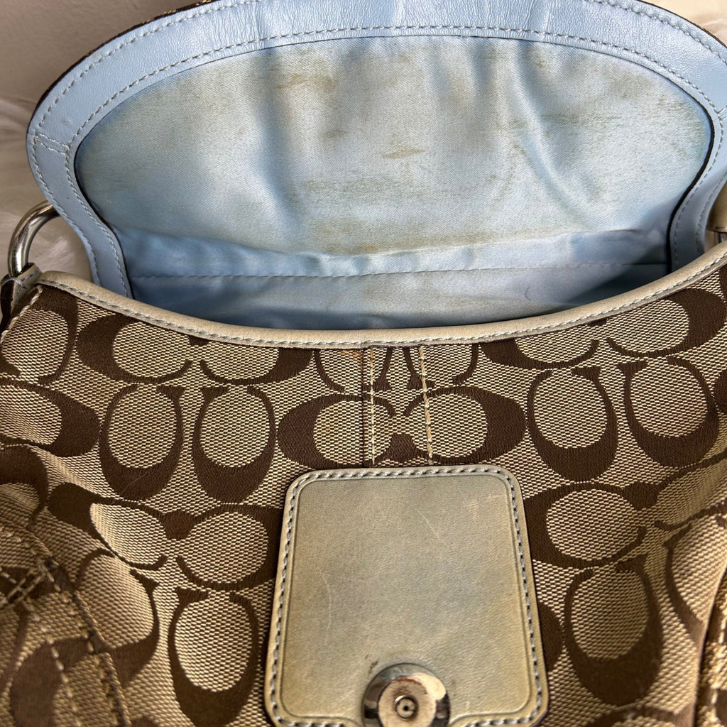 Coach Soho Signature Flap Brown Blue Canvas Leather Shoulder Bag D0871-11860