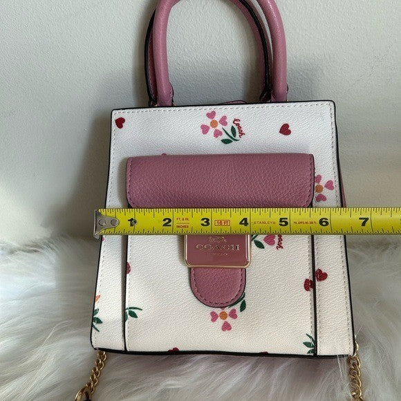 Coach North South Lonnie Tote White Pink Floral Leather Crossbody Excellent