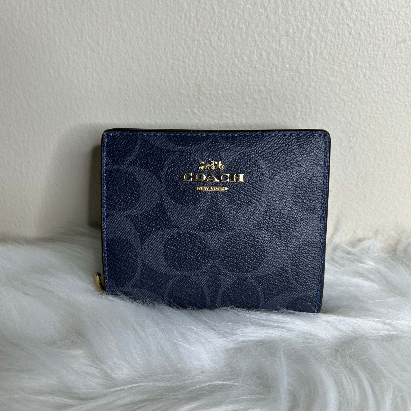 Coach Snap Wallet Midnight Denim Signature Canvas Leather C3321 Excellent
