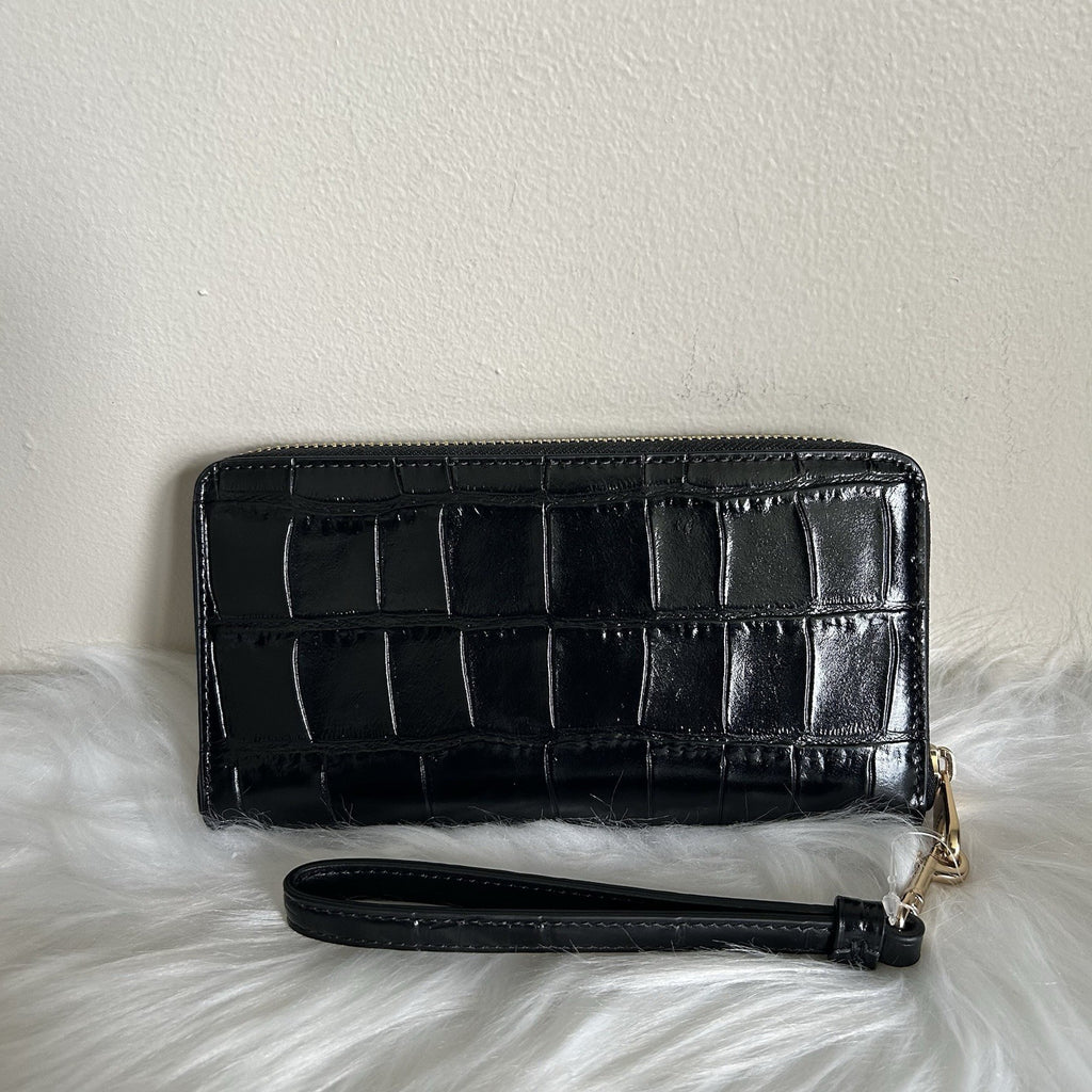 Coach CT083 Black Croc Embossed Leather Large Phone Wallet Wristlet NEW