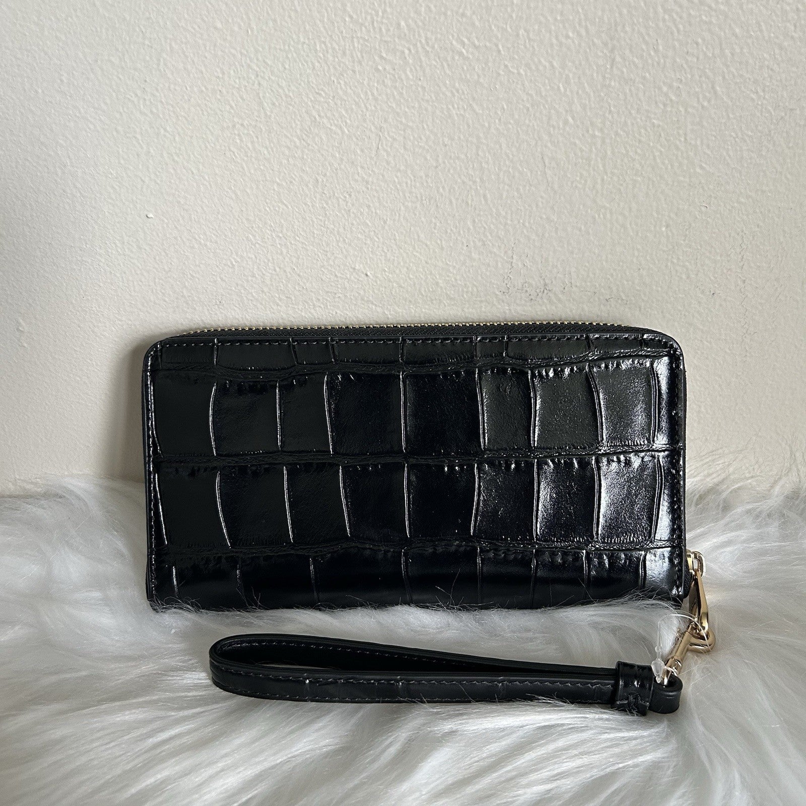 Coach CT083 Black Croc Embossed Leather Large Phone Wallet Wristlet NEW
