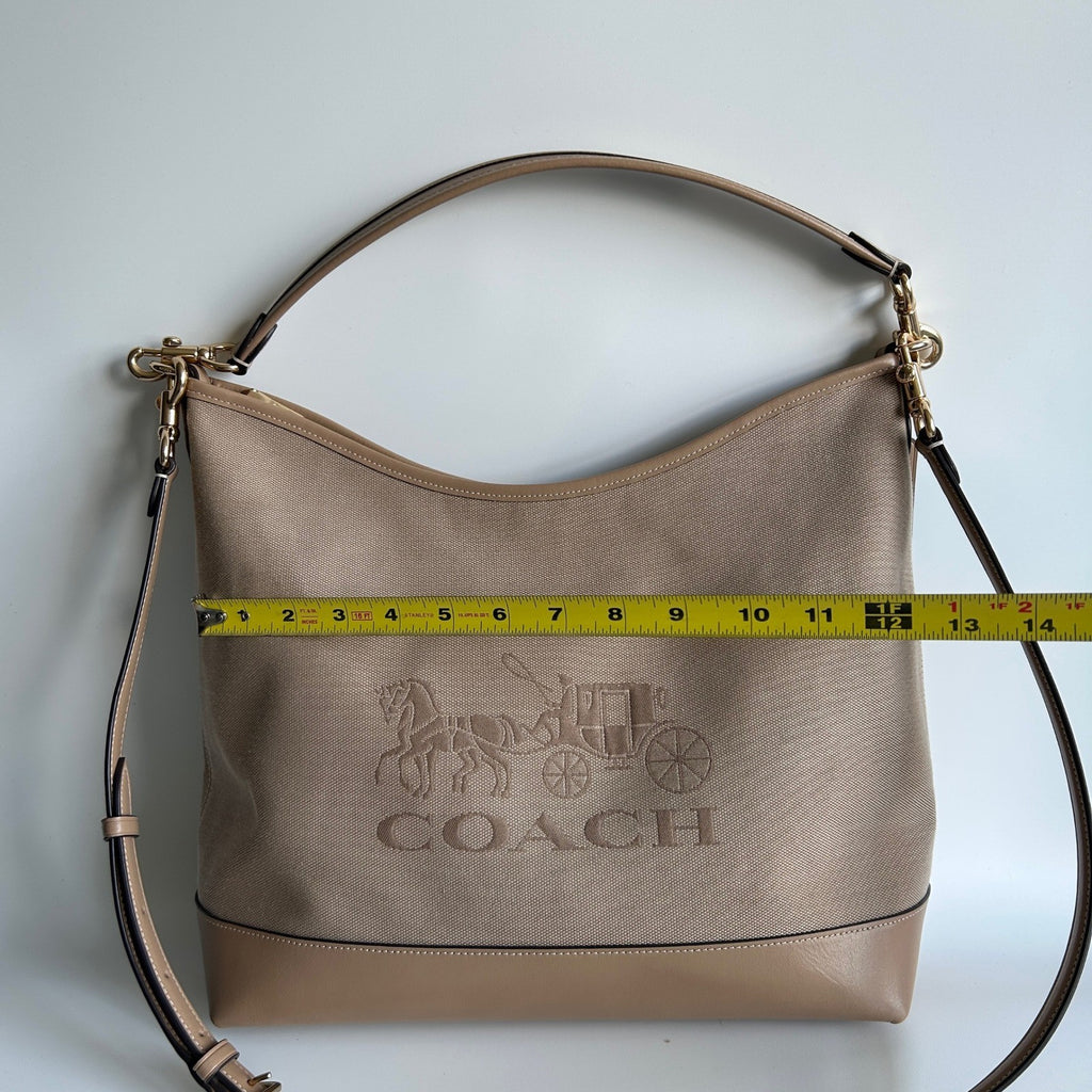 Coach Laurel Large Shoulder Bag Taupe Canvas Leather CAK92 Good