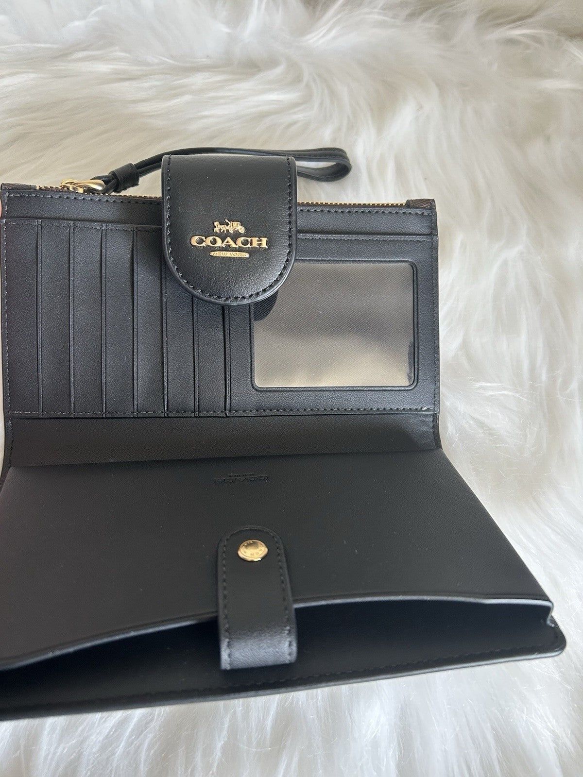 Coach Phone Wallet Brown Black Signature Canvas Wristlet Excellent