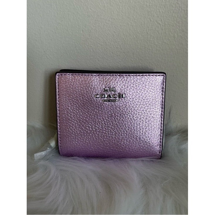 Coach Small Snap Wallet Metallic Lilac Pebbled Leather New